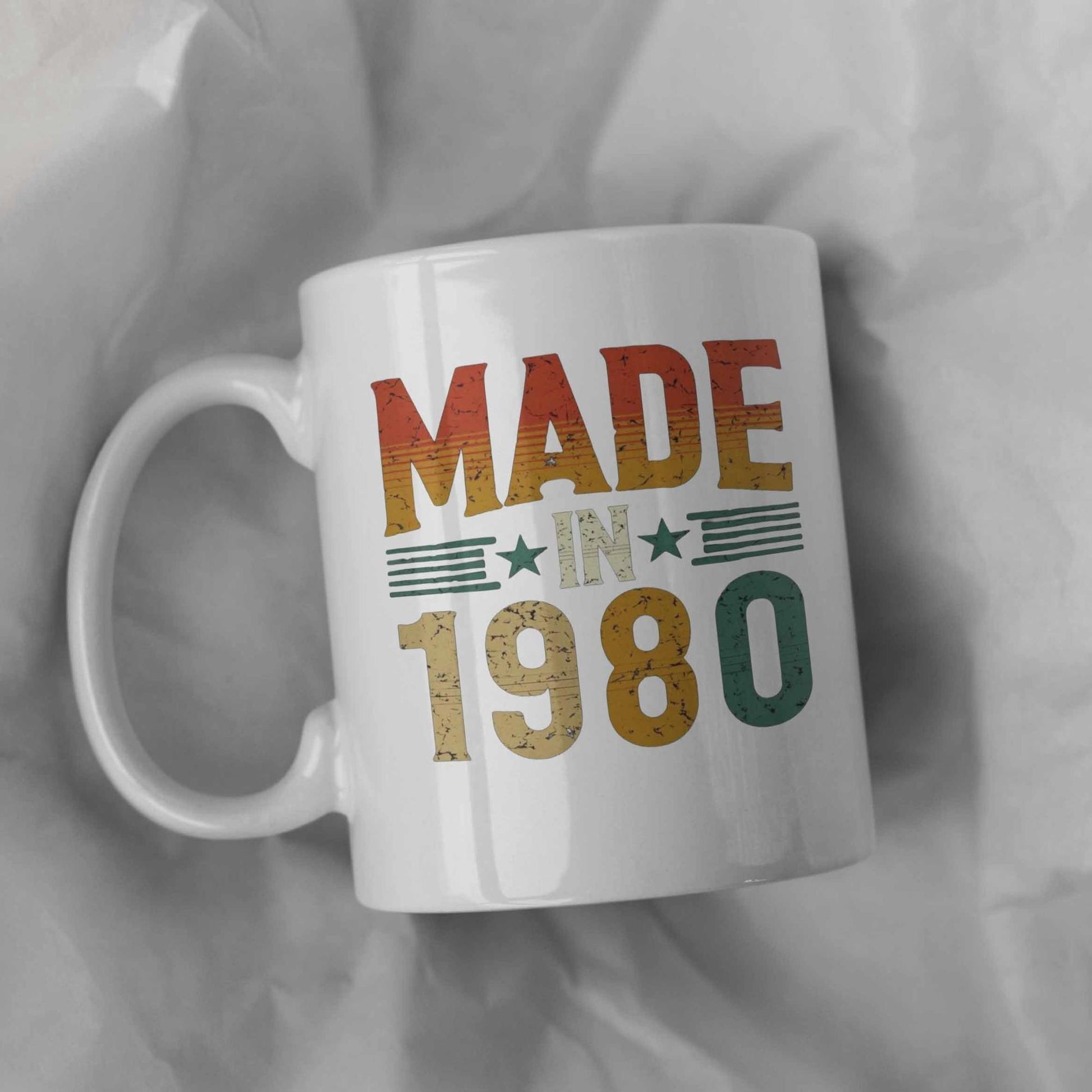 Tailorly White Ceramic 11 oz Mug - Made In 1980 Distressed Retro Aesthetic Featuring Parallel Stripes And Symmetrical Stars Design