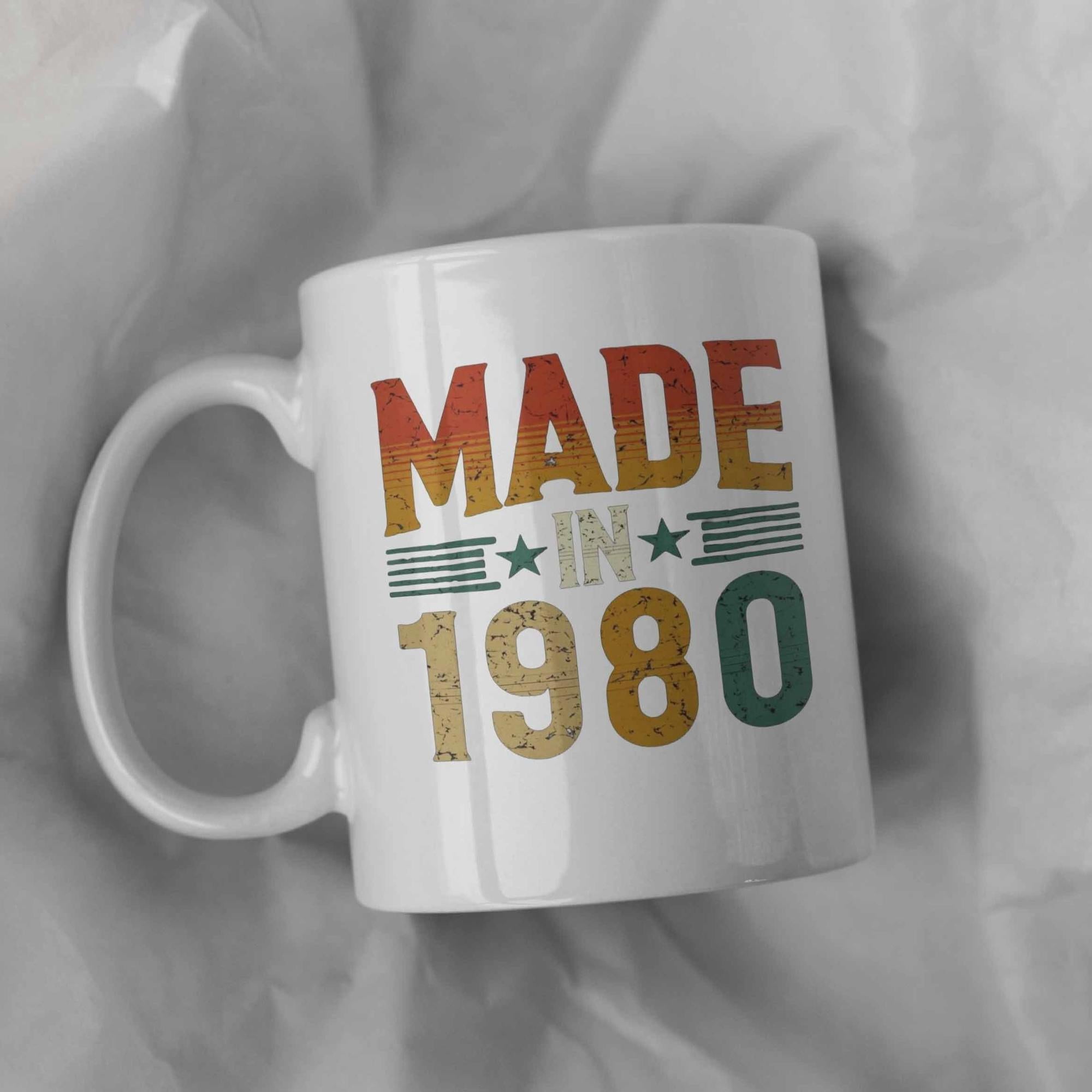 Tailorly White Ceramic 11 oz Mug - Made In 1980 Distressed Retro Aesthetic Featuring Parallel Stripes And Symmetrical Stars Design