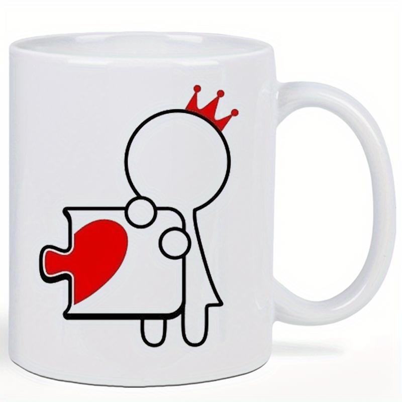 Tailorly White Ceramic 11 oz Mug - Minimalist Outline Character Wearing Red Crown Holding Heart Jigsaw Puzzle