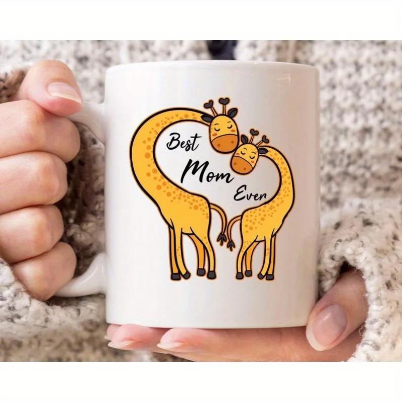 Tailorly White Ceramic 11 oz Mug - Best Mom Ever Two Cute Cartoon Animals Forming Heart Shape In Warm Colors Giraffe