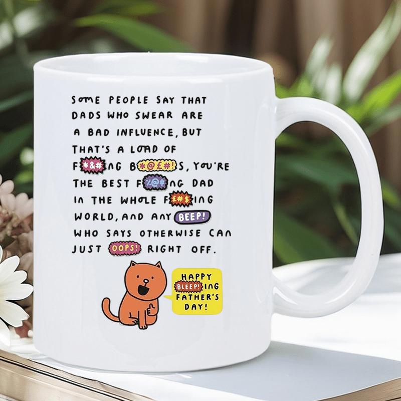Tailorly White Ceramic 11 oz Mug - Happy Father's Day Minimalist Hand Drawn Orange Kitten Sitting Among Artistic Speech Bubbles Cat