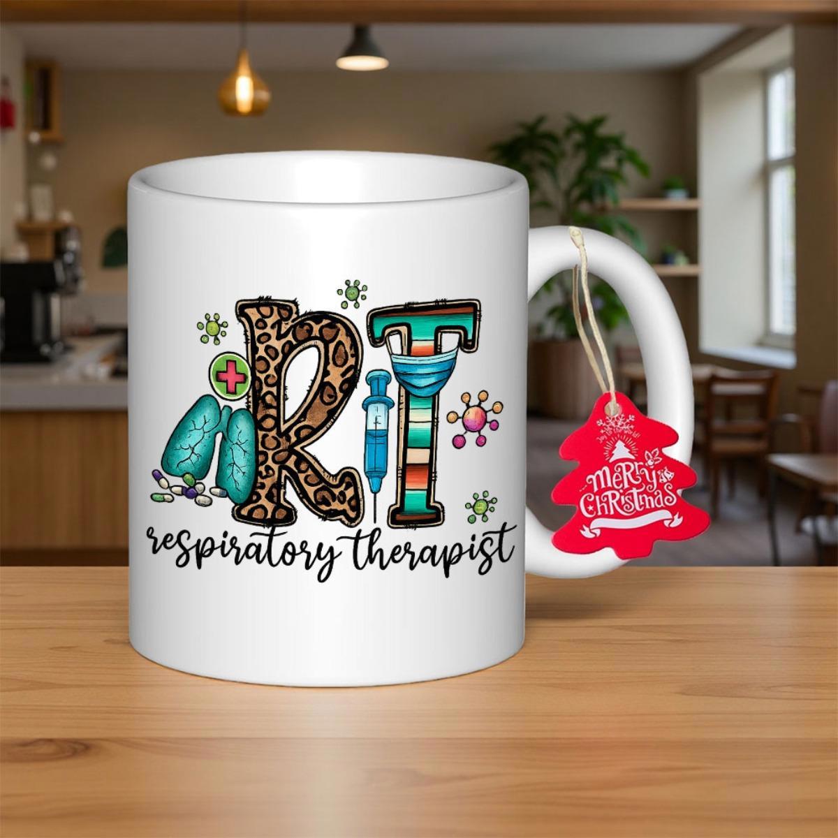 Tailorly White Ceramic 11 oz Mug - RT Respiratory Therapist Artistic Medical Icons With Leopard Patterns And Striped Design Lungs