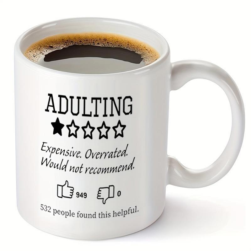 Tailorly White Ceramic 11 oz Mug - Adulting Expensive Overrated Would Not Recommend Humorous Online Review Layout With Star Rating And Thumb Icons Mug
