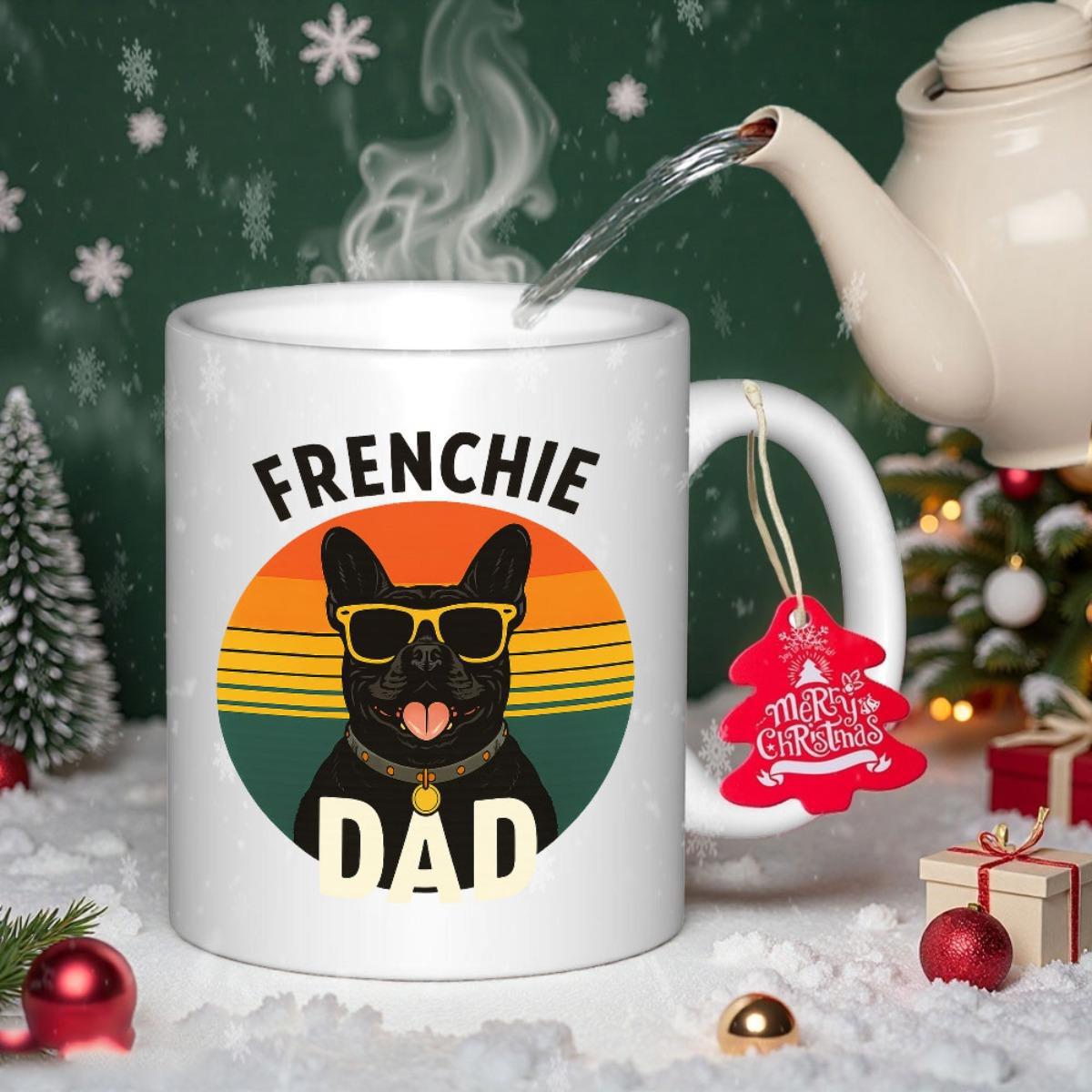 Tailorly White Ceramic 11 oz Mug - Frenchie Dad Retro Sunset Circle Featuring Black French Bulldog Wearing Yellow Sunglasses Dog