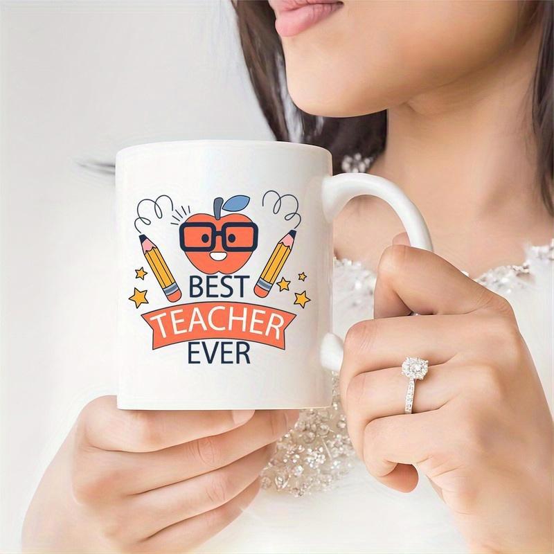 Tailorly White Ceramic 11 oz Mug - Best Teacher Ever Cute Smiling Apple Wearing Glasses Flanked By Two School Pencils Apple