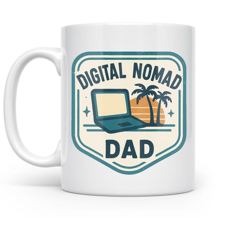 Tailorly White Ceramic 11 oz Mug - Digital Nomad Dad Tropical Palm Trees Under Retro Sunset Inside Vintage Shield Frame Laptop