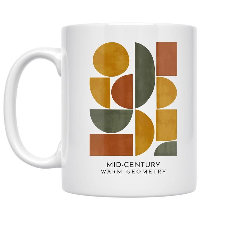 Tailorly White Ceramic 11 oz Mug - Mid Century Warm Geometry Earthy Tones Featuring Circles And Semicircles Arranged In Minimalist Geometry