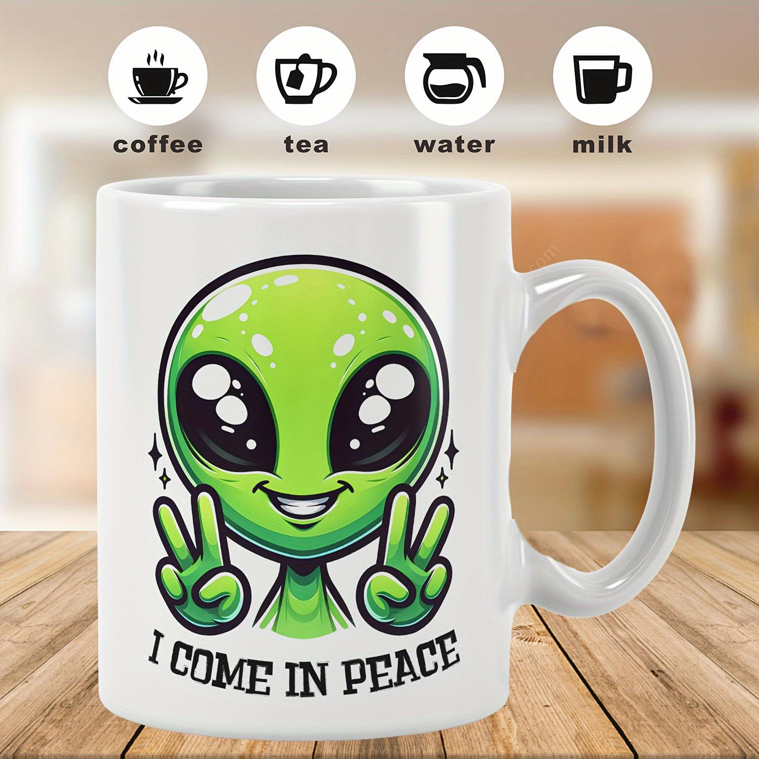 Tailorly White Ceramic 11 oz Mug - I Come In Peace Cartoonish Green Extraterrestrial With Large Eyes Making Friendly Peace Signs Alien