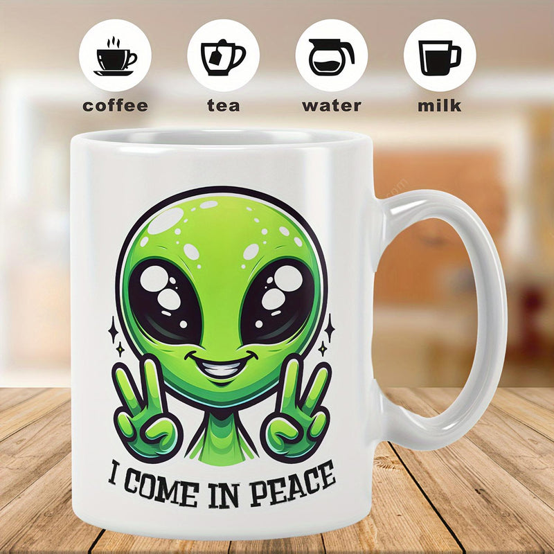 Tailorly White Ceramic 11 oz Mug - I Come In Peace Cartoonish Green Extraterrestrial With Large Eyes Making Friendly Peace Signs Alien