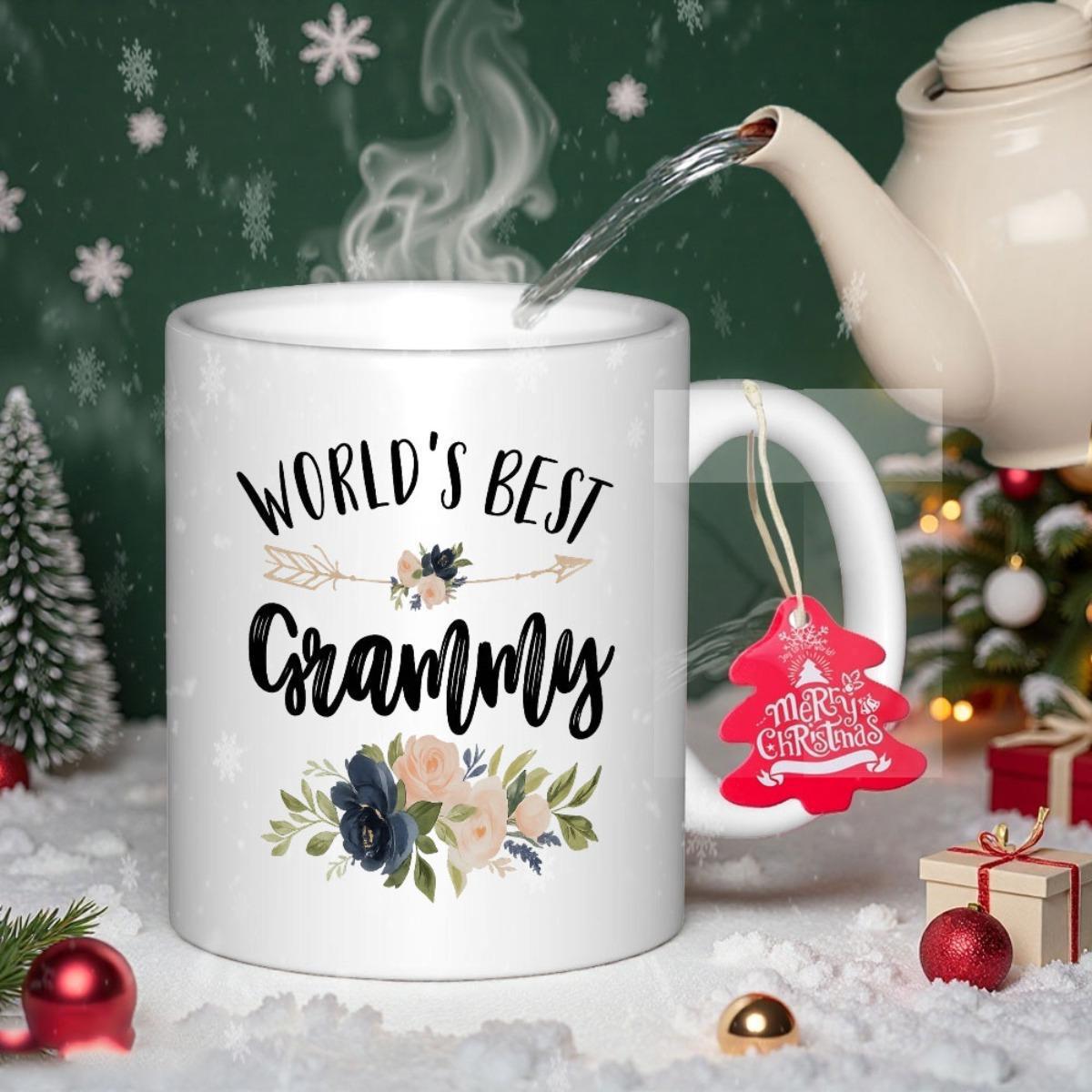 Tailorly White Ceramic 11 oz Mug - World's Best Grammy Elegant Floral Arrangement With Decorative Arrows And Artistic Script Lettering Mug