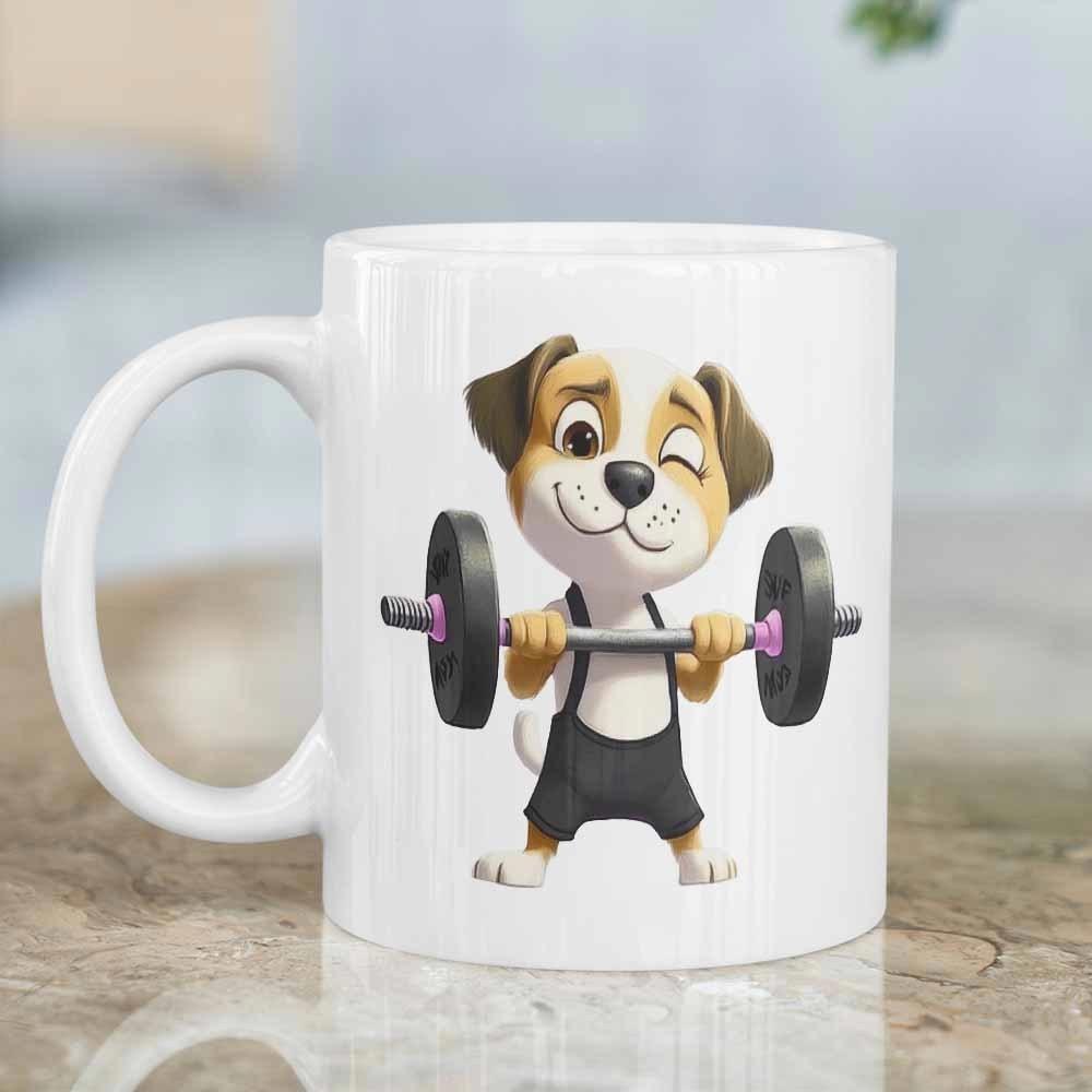 Tailorly White Ceramic 11 oz Mug - Adorable Strong Puppy Winking While Lifting Heavy Weights In Fitness Gear Dog
