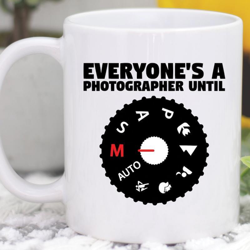 Tailorly White Ceramic 11 oz Mug - Everyone's A Photographer Until Professional Camera Mode Dial Setting With Functional Symbols Gear