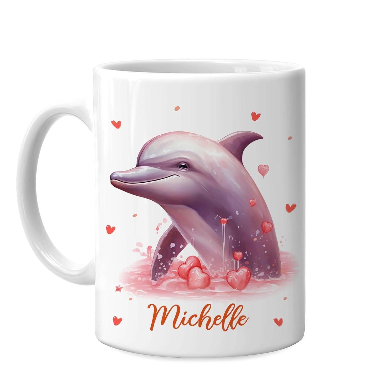 Tailorly White Ceramic 11 oz Mug - Michelle Graceful Purple Dolphin Leaping Through Pink Water Surrounded By Small Floating Hearts Dolphin