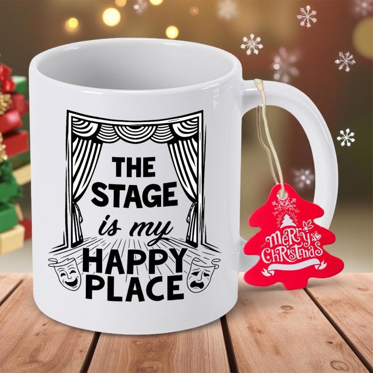 Tailorly White Ceramic 11 oz Mug - The Stage Is My Happy Place Classic Hand Drawn Curtains Framing Dramatic Comedy And Tragedy Masks Theater