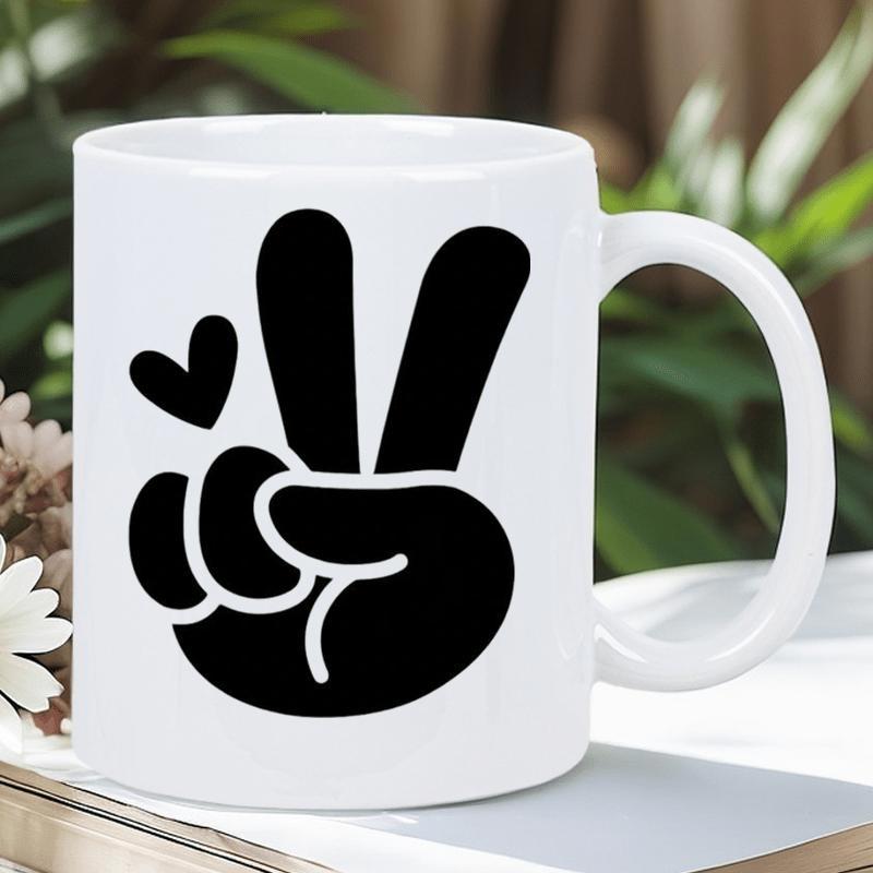 Tailorly White Ceramic 11 oz Mug - Minimalist Black Artistic Gesture Symbolizing Love And Peace Sign Hand