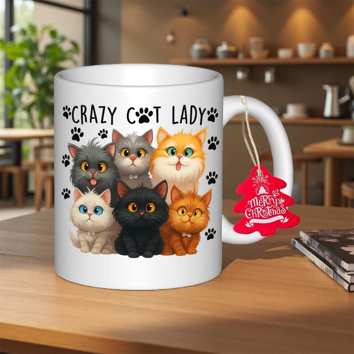 Tailorly White Ceramic 11 oz Mug - Crazy Cat Lady Group Of Six Colorful Cartoon Kittens Surrounded By Paw Prints Cat