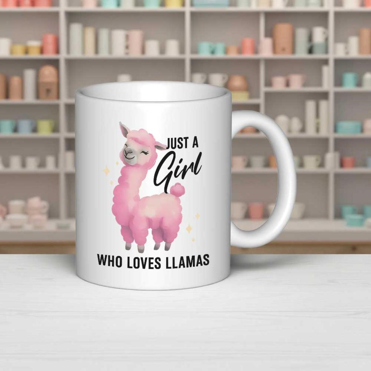 Tailorly White Ceramic 11 oz Mug - Just A Girl Who Loves Llamas Soft Pink Fluffy Watercolor Style Standing Cute Furry Animal Friendly Llama