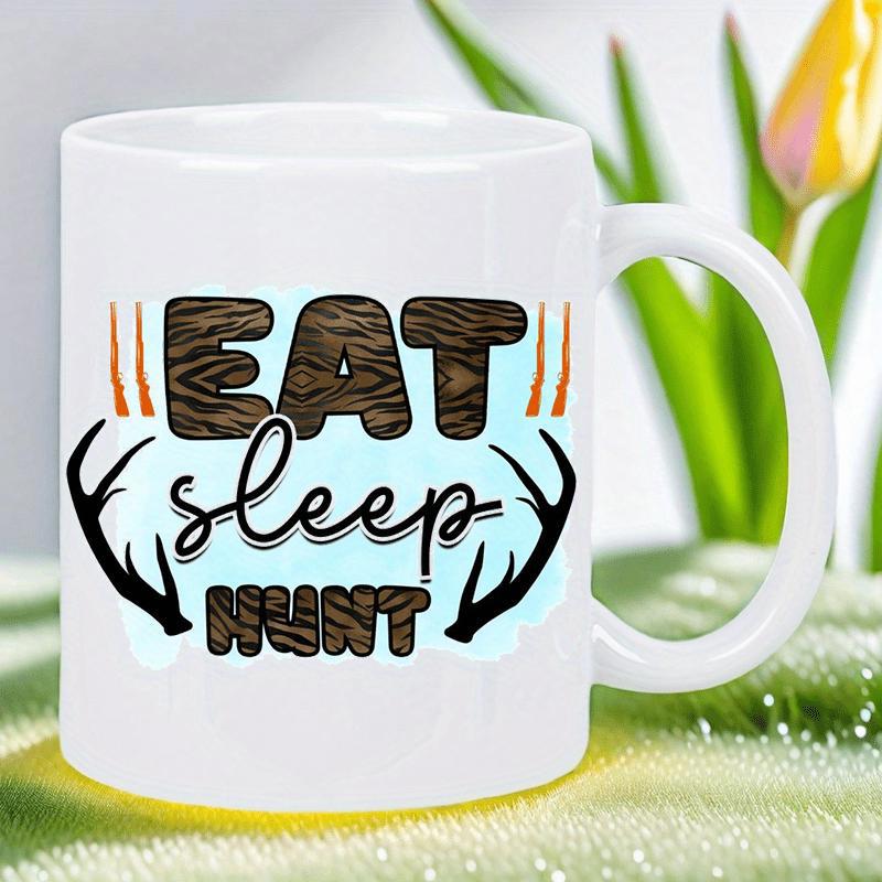 Tailorly White Ceramic 11 oz Mug - Eat Sleep Hunt Rustic Wood Grain Pattern With Artistic Blue Splash And Wild Antlers
