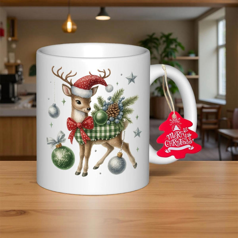 Tailorly White Ceramic 11 oz Mug - Merry Christmas Adorable Festive Fawn Wearing Santa Hat And Green Plaid Sweater Among Baubles Reindeer