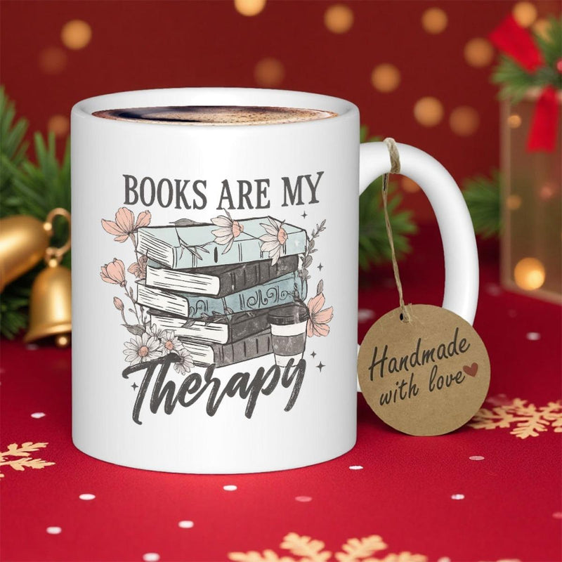 Tailorly White Ceramic 11 oz Mug - Books Are My Therapy Vintage Hand Drawn Stacked Novels Surrounded By Delicate Spring Blossoms Books