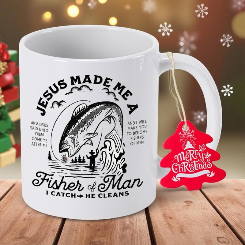 Tailorly White Ceramic 11 oz Mug - Jesus Made Me A Fisher Of Man I Catch He Cleans Majestic Jumping Trout Leaping From River Water Near Tall Pine Trees Fish