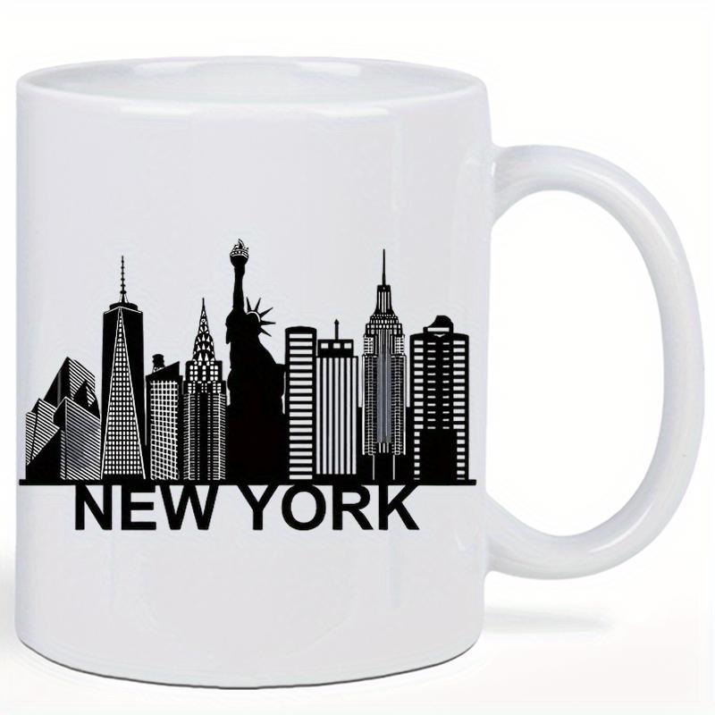Tailorly White Ceramic 11 oz Mug - New York Black Minimalist Silhouettes Featuring Statue Of Liberty And Skyscrapers Skyline