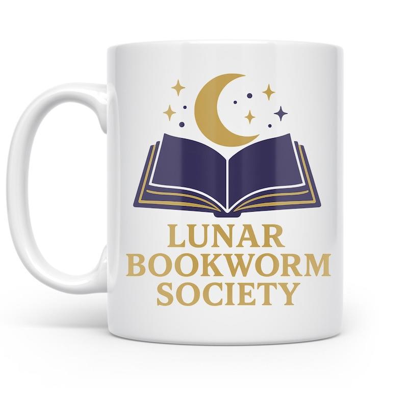 Tailorly White Ceramic 11 oz Mug - Lunar Bookworm Society Golden Crescent Moon Among Twinkling Stars Above An Open Book