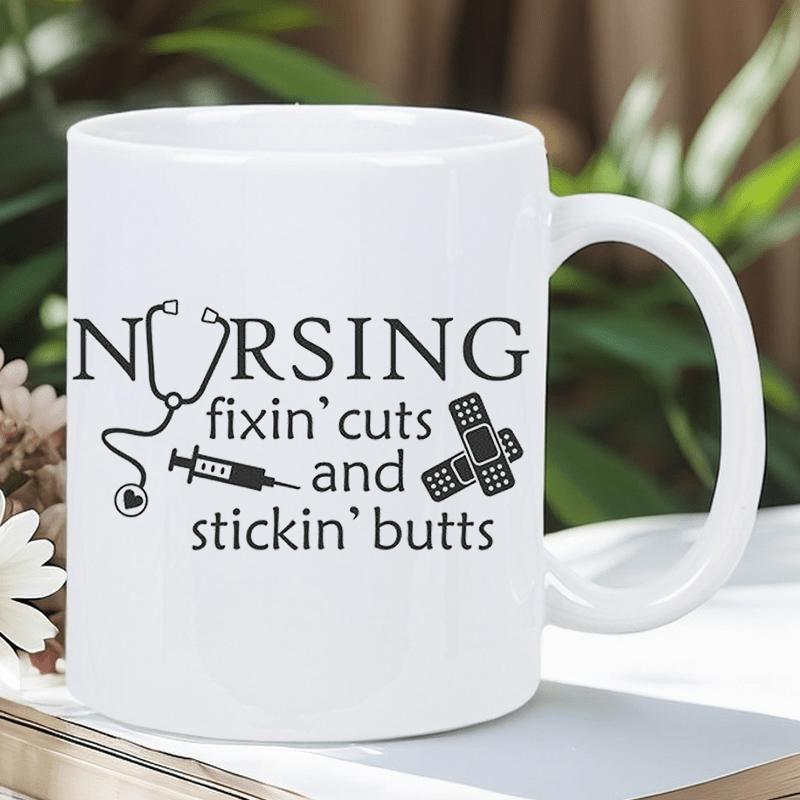 Tailorly White Ceramic 11 oz Mug - Nursing Fixin Cuts And Stickin Butts Professional Medical Equipment Symbols With Bandages And Syringe Stethoscope