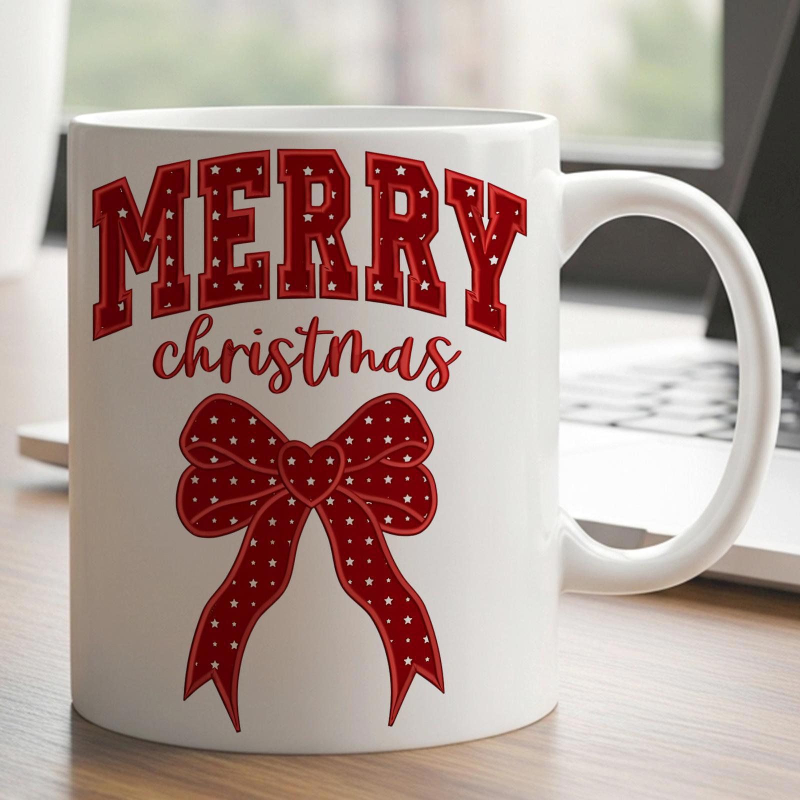 Tailorly White Ceramic 11 oz Mug - Merry Christmas Festive Red Polka Dot Ribbon Under Bold Block Lettering Style Bow