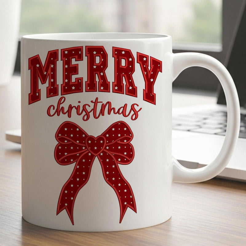 Tailorly White Ceramic 11 oz Mug - Merry Christmas Festive Red Polka Dot Ribbon Under Bold Block Lettering Style Bow