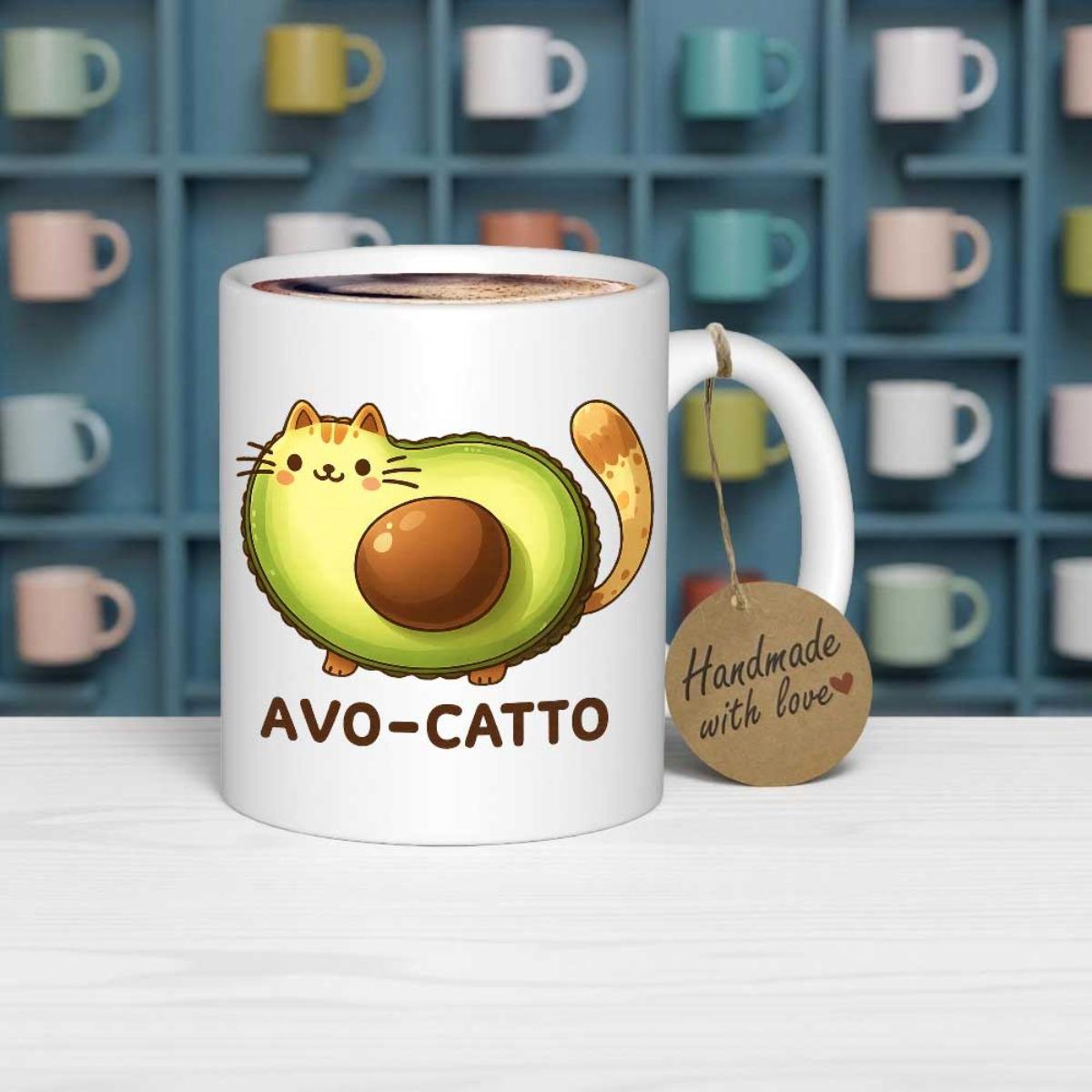 Tailorly White Ceramic 11 oz Mug - Avo Catto Handmade With Love Adorable Sliced Avocado Shaped Kitten With Large Brown Seed Tail Cat