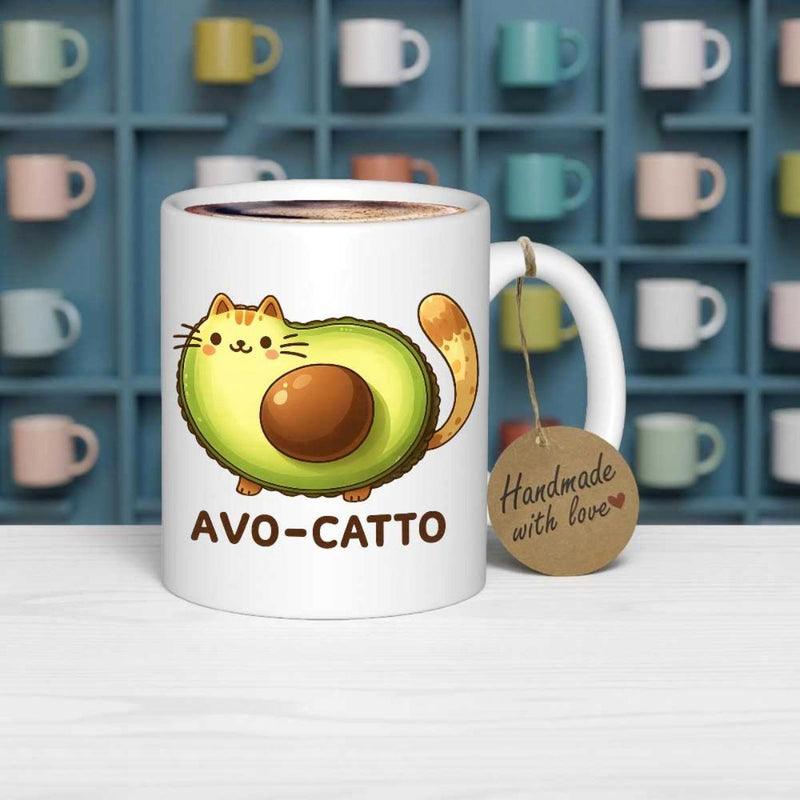 Tailorly White Ceramic 11 oz Mug - Avo Catto Handmade With Love Adorable Sliced Avocado Shaped Kitten With Large Brown Seed Tail Cat