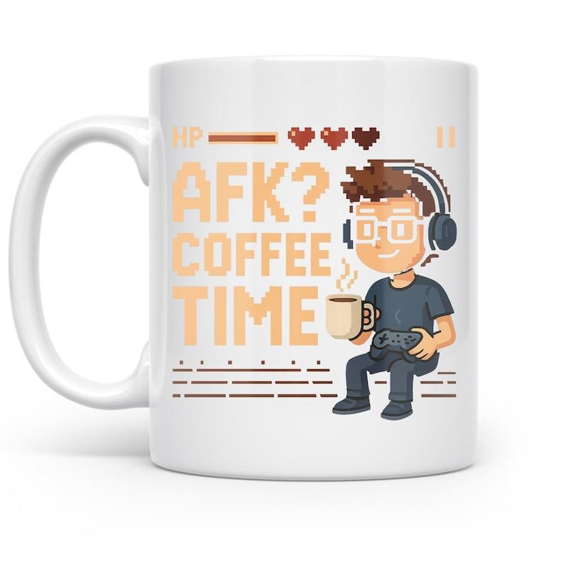 Tailorly White Ceramic 11 oz Mug - AFK Coffee Time Pixel Art Illustration Of Boy With Headset Holding Controller And Steaming Coffee Gamer