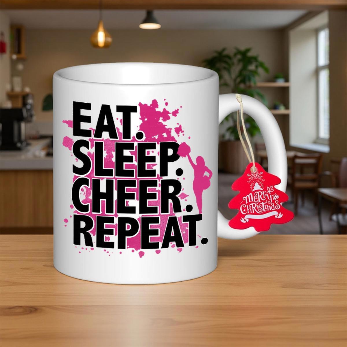 Tailorly White Ceramic 11 oz Mug - Eat Sleep Cheer Repeat Vibrant Pink Paint Splatter Design With An Energetic Silhouette Cheerleader