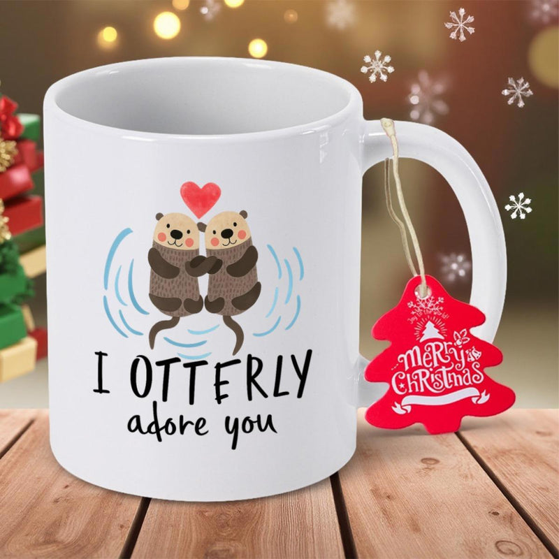 Tailorly White Ceramic 11 oz Mug - I Otterly Adore You Cute Cartoon Sea Animals Holding Hands Beneath A Radiant Red Heart Otter