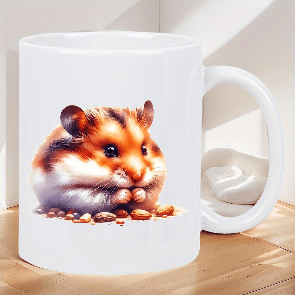 Tailorly White Ceramic 11 oz Mug - Cute Fluffy Brown And White Creature Nibbling Small Tasty Seeds Hamster