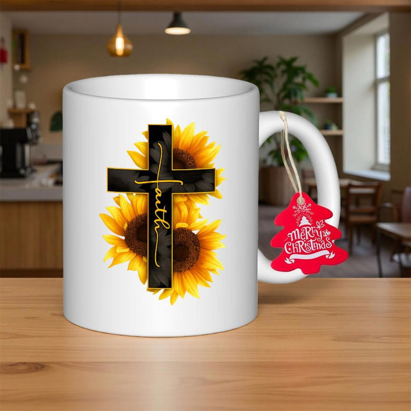 Tailorly White Ceramic 11 oz Mug - Faith Blooming Sunflowers Behind A Symbolic Black Religious Cross