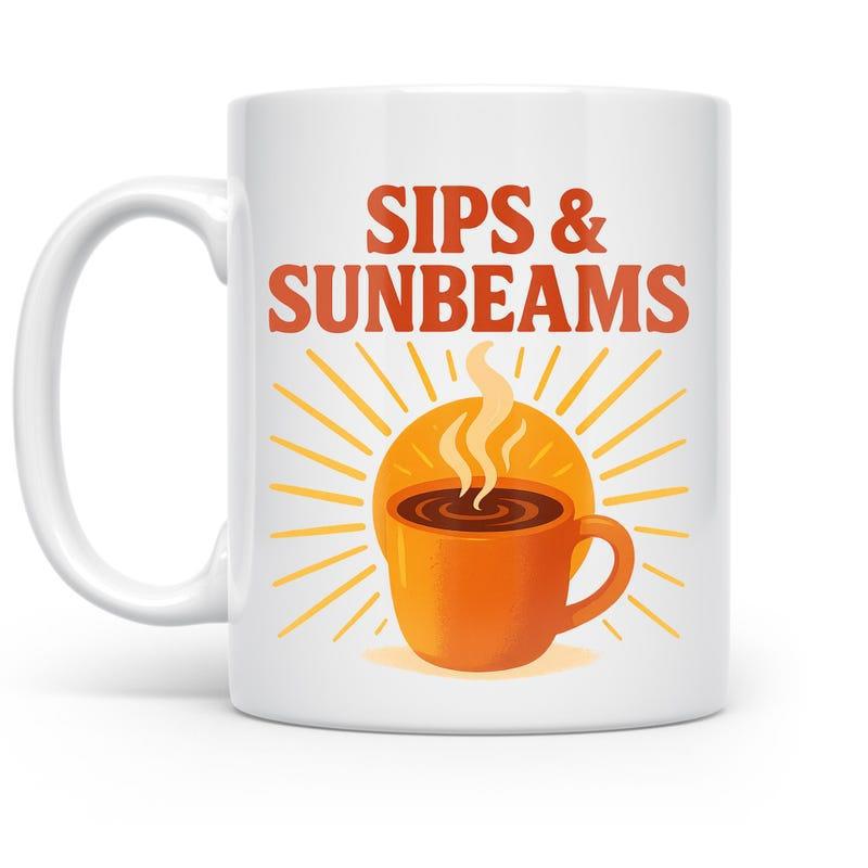 Tailorly White Ceramic 11 oz Mug - Sips Sunbeams Steaming Cup Placed Before Radiating Golden Sun Inside Warm Background Mug