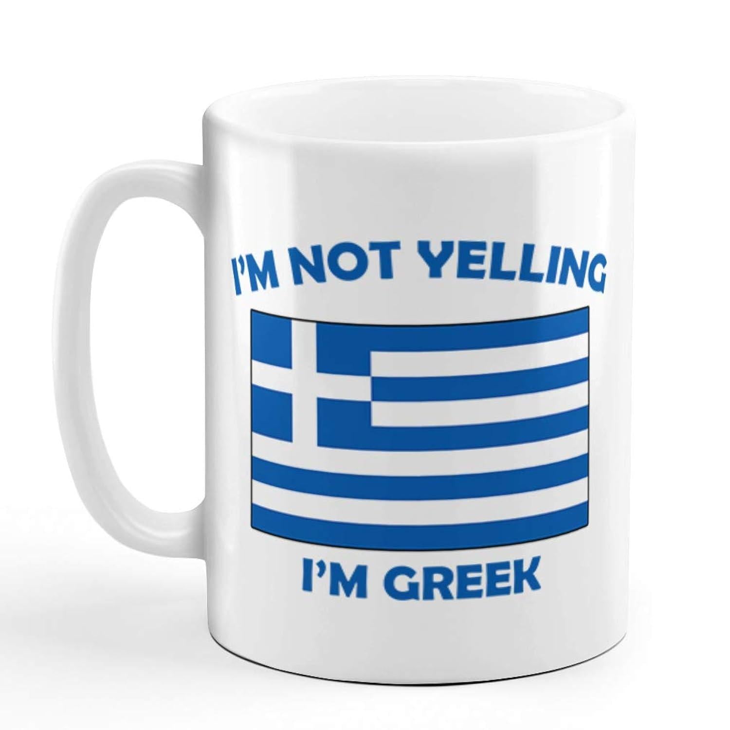 Tailorly White Ceramic 11 oz Mug - Im Not Yelling Im Greek Patriotic Blue And White Striped National Symbol Emblem Flag