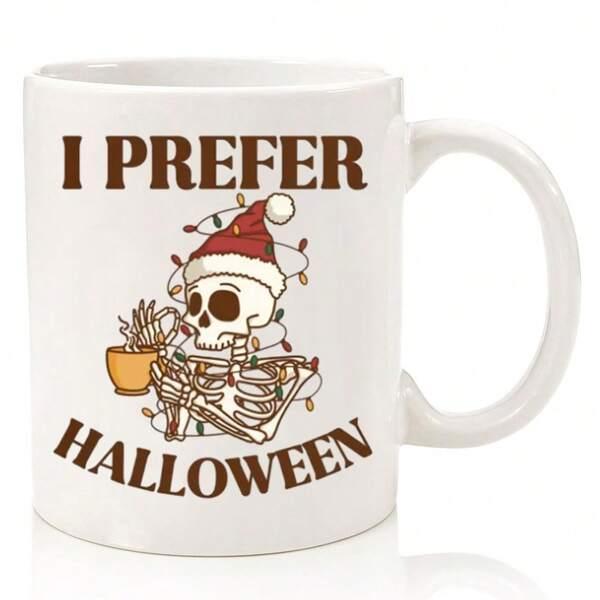 Tailorly White Ceramic 11 oz Mug - I Prefer Halloween Festive Skeleton Wearing Red Santa Hat Wrapped In Twinkling Christmas Lights Skeleton