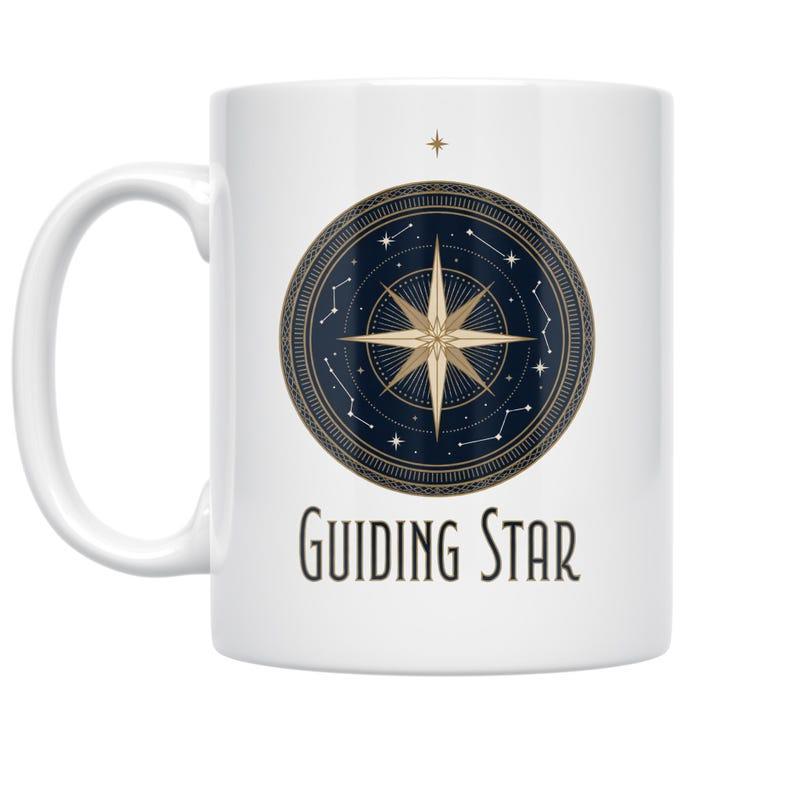 Tailorly White Ceramic 11 oz Mug - Guiding Star Golden Eight Pointed Compass Rose Glowing Within Dark Celestial Night Sky Star