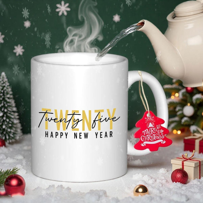 Tailorly White Ceramic 11 oz Mug - Twenty Five Happy New Year Elegant Typography On Pure White Ceramic Festive Holiday Mug