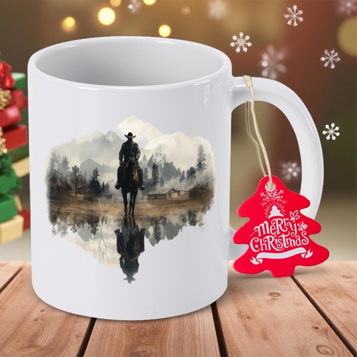 Tailorly White Ceramic 11 oz Mug - Lone Rider Journeying Through Misty Mountain Lake With A Majestic Reflection Cowboy
