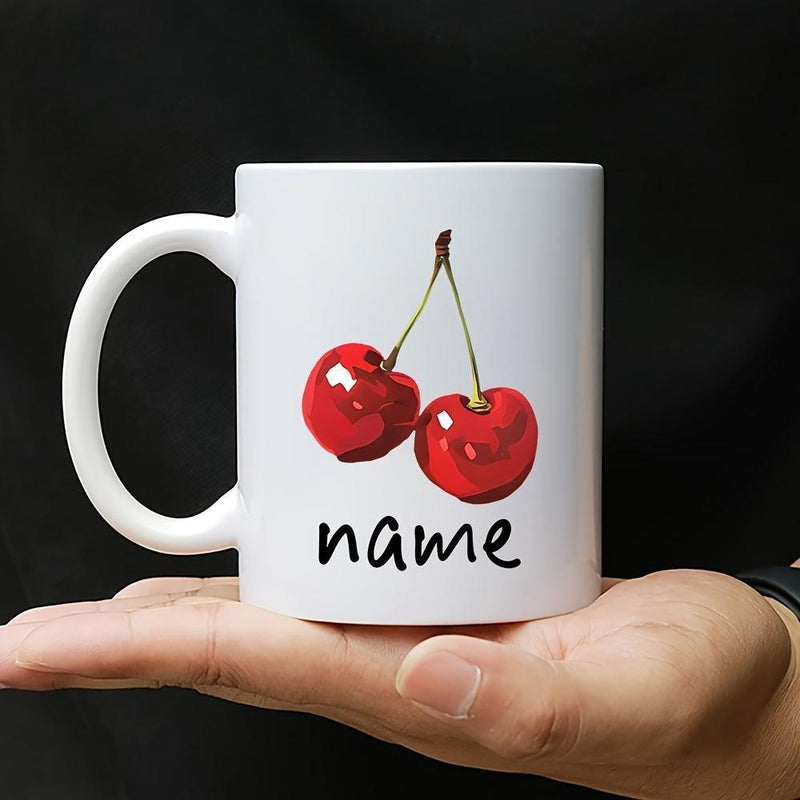 Tailorly White Ceramic 11 oz Mug - Name Vibrant Red Ripe Fruit Design Hanging From A Single Stem Cherry