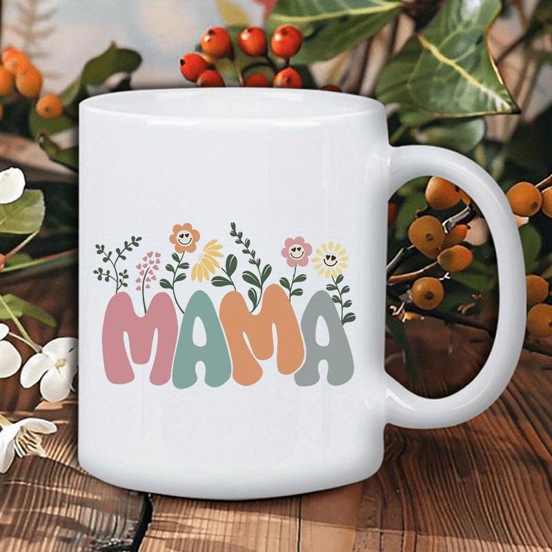Tailorly White Ceramic 11 oz Mug - Mama Delicate Floral Sprigs Growing From Retro Pastel Letters Mama