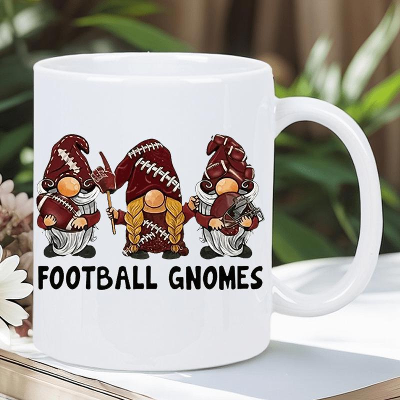 Tailorly White Ceramic 11 oz Mug - Football Gnomes Three Sporty Characters Wearing Textured Football Hats With White Stitching Pattern Gnome