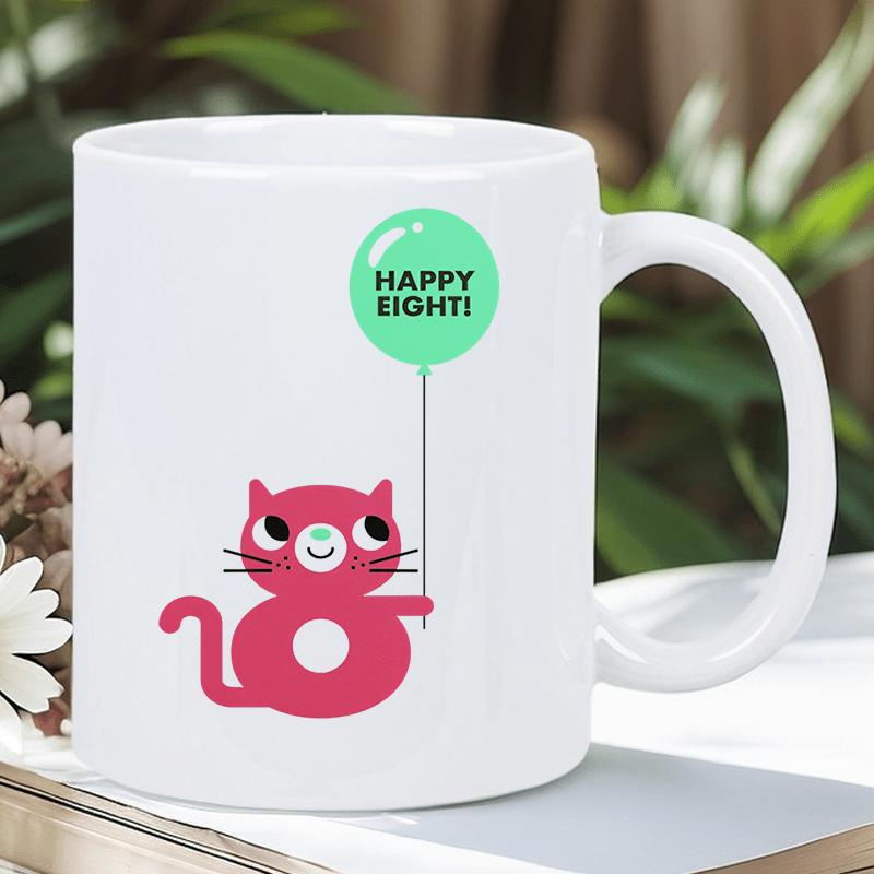 Tailorly White Ceramic 11 oz Mug - Happy Eight Cute Pink Stylized Kitten Shaped Like Number Eight Holding Green Balloon Cat