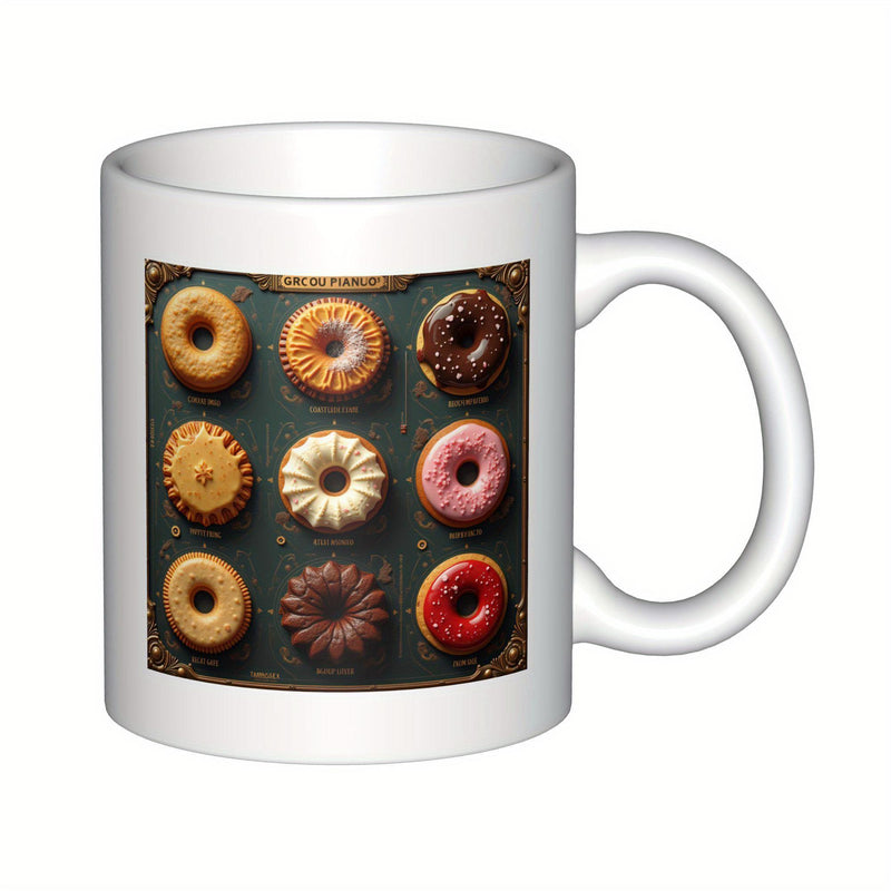 Tailorly White Ceramic 11 oz Mug - The Donuts Vintage Style Grid Showing Various Delicious Glazed And Frosted Sweet Pastry Donut