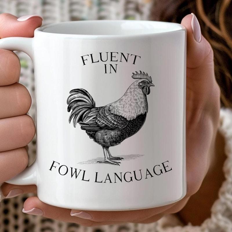 Tailorly White Ceramic 11 oz Mug - Fluent In Fowl Language Detailed Vintage Sketch Of A Majestic Farmhouse Poultry Bird Standing Rooster