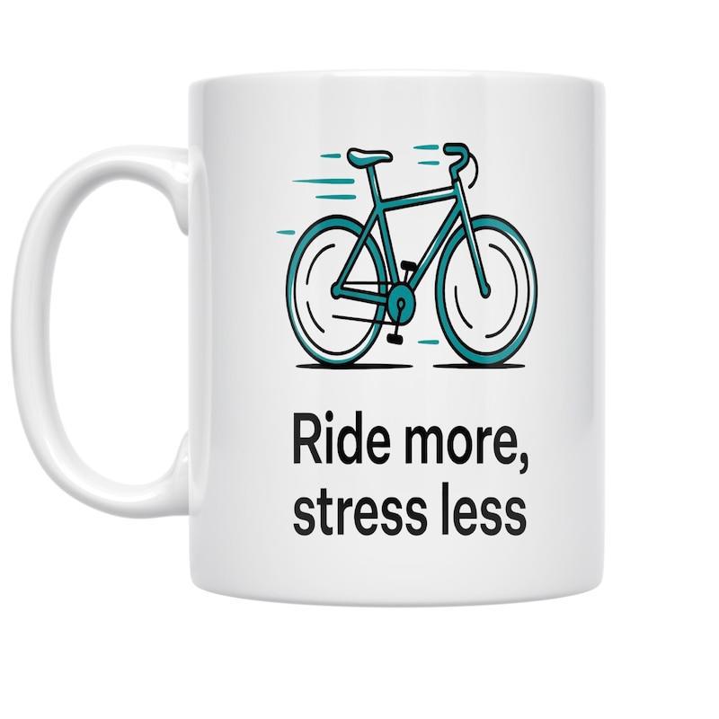 Tailorly White Ceramic 11 oz Mug - Ride More Stress Less Stylized Teal Mountain Bike With Motion Lines Depicting Speed And Freedom Bicycle